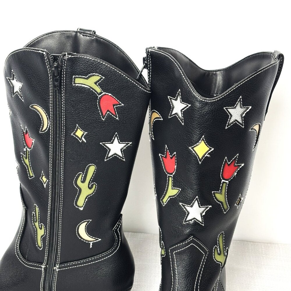 No Boundaries Blk Cowboy Boots w/ western motif cut out Faux Leather Heels NWOT - Picture 8 of 13